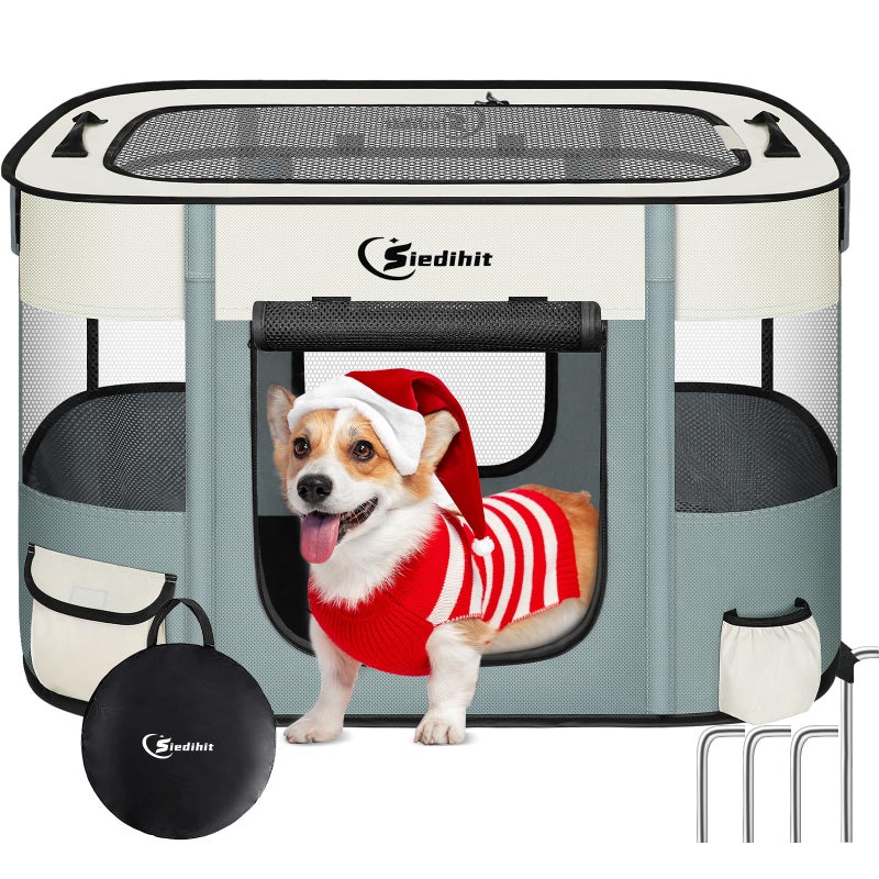 Siedihit Dog Playpen28/31/35in,Cat Pet Puppy Pen,Portable Playpens for Dogs Indoor Outdoor Travel Camping Use,Foldable Dog Kennel Crate for Rabbit Small Animals with and Tent Stakes (Grey, Lagre) - Image 1