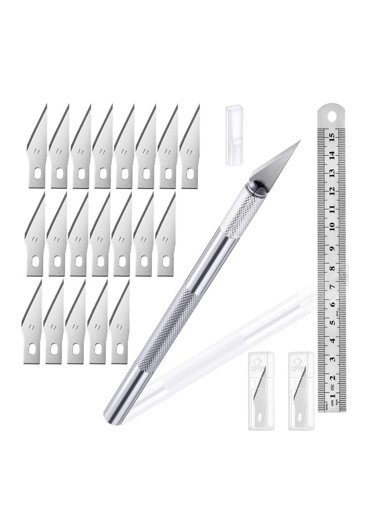 NIBEMINENT Craft Knife 1 Pieces Sculpture with 20 Stainless Steel Blades Kit and 1Pieces 15cm Ruler, for Cutting Carving Scrapbooking Stencil Art Creation(Color: Silver) - Image 1