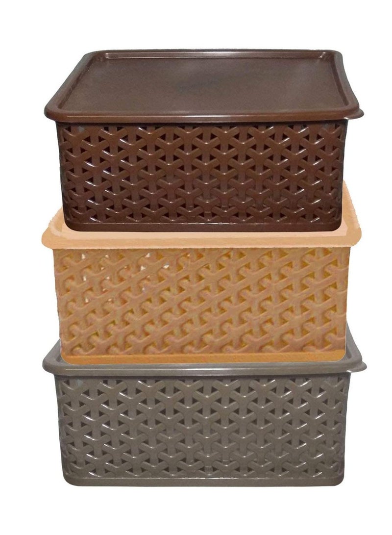 Kuber Industries Kuber IndUStries Plastic 3 Pieces Big Medium Small Size Multipurpose Solitaire Storage Basket With Lid Multi  - Image 1