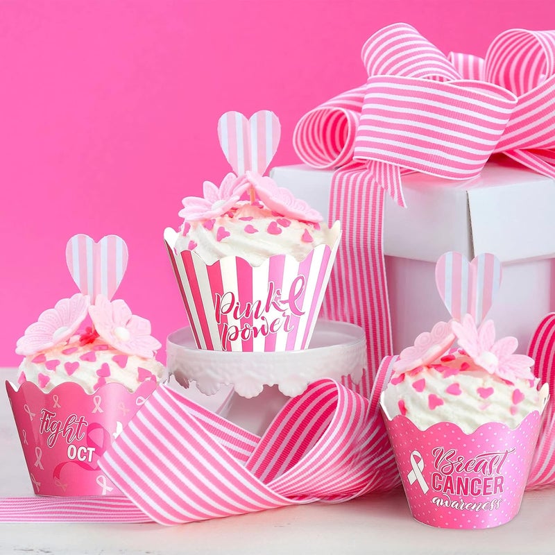 klarako 96 Pieces Breast Cancer Awareness Cupcake Topper Pink Cupcake Wrapper Set Breast Awareness Cupcake Picks Bake Cups Pink Ribbon Win Party Supplies Cake Cupcake Dessert Decorations - Image 4