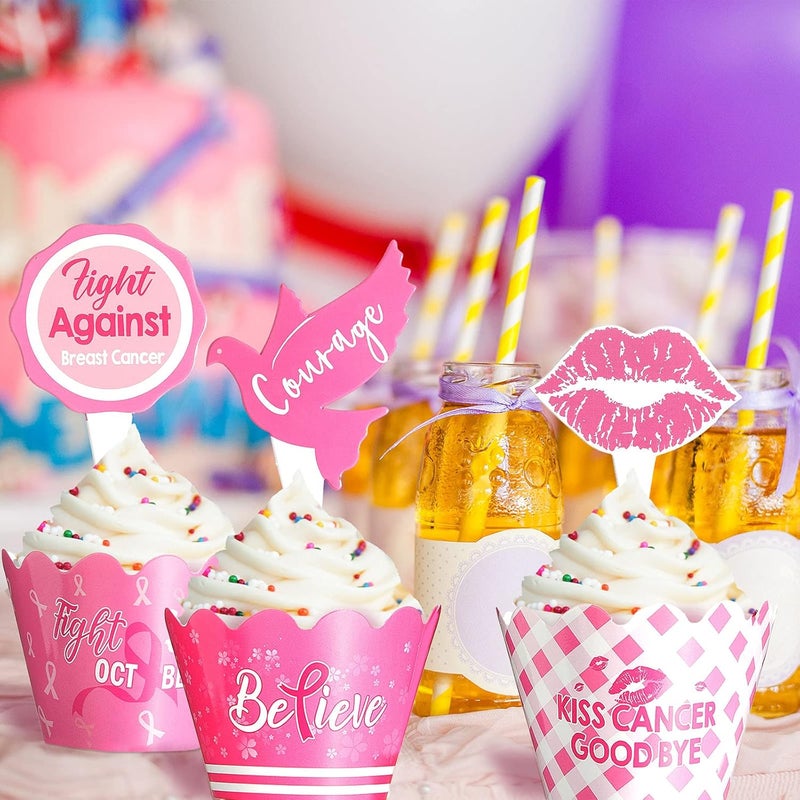 klarako 96 Pieces Breast Cancer Awareness Cupcake Topper Pink Cupcake Wrapper Set Breast Awareness Cupcake Picks Bake Cups Pink Ribbon Win Party Supplies Cake Cupcake Dessert Decorations - Image 3