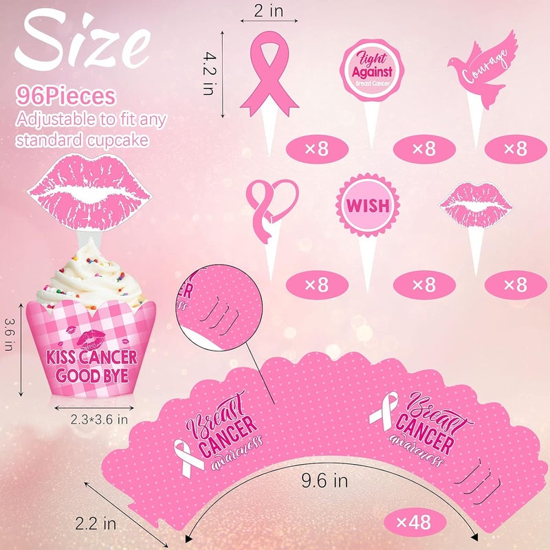 klarako 96 Pieces Breast Cancer Awareness Cupcake Topper Pink Cupcake Wrapper Set Breast Awareness Cupcake Picks Bake Cups Pink Ribbon Win Party Supplies Cake Cupcake Dessert Decorations - Image 2