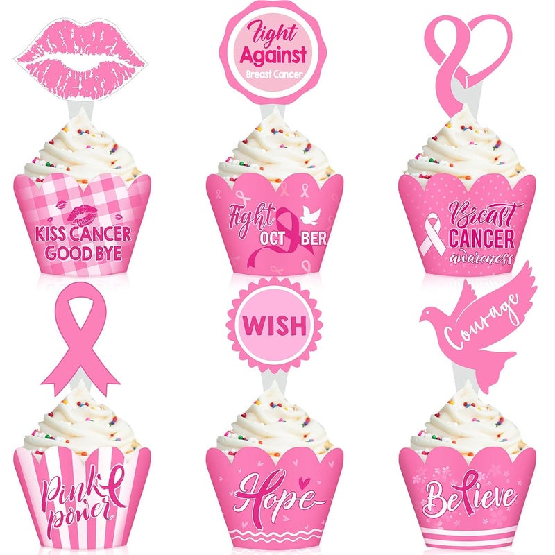 klarako 96 Pieces Breast Cancer Awareness Cupcake Topper Pink Cupcake Wrapper Set Breast Awareness Cupcake Picks Bake Cups Pink Ribbon Win Party Supplies Cake Cupcake Dessert Decorations - Image 1