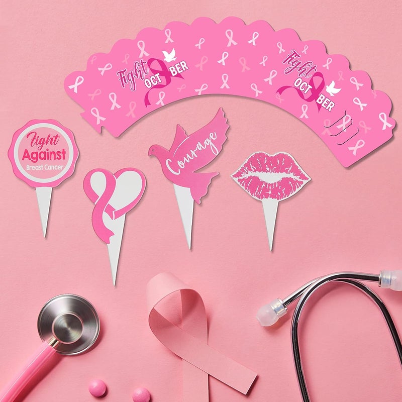 klarako 96 Pieces Breast Cancer Awareness Cupcake Topper Pink Cupcake Wrapper Set Breast Awareness Cupcake Picks Bake Cups Pink Ribbon Win Party Supplies Cake Cupcake Dessert Decorations - Image 5