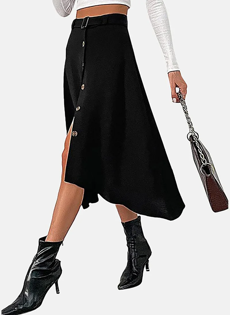 يونيكي Black Slit Solid Midi Skirt