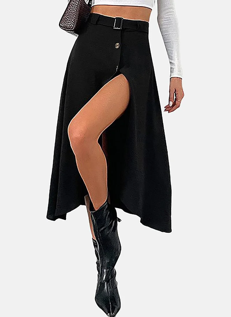 YUNIQEE Black Slit Solid Midi Skirt