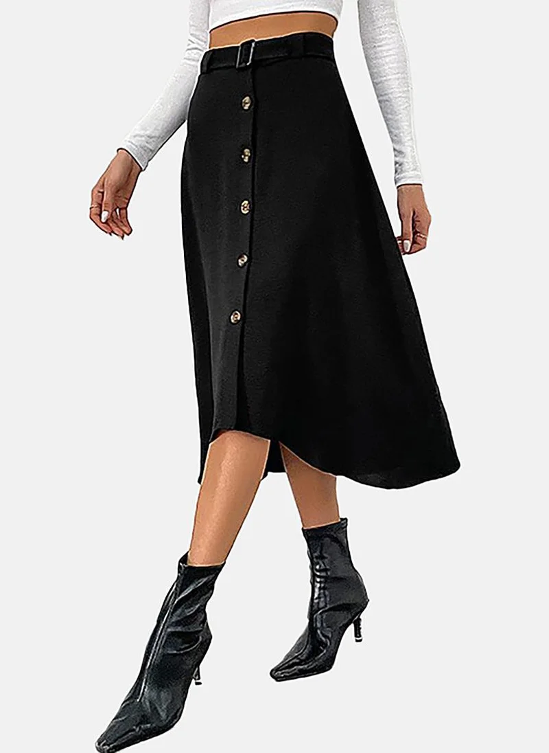 يونيكي Black Slit Solid Midi Skirt