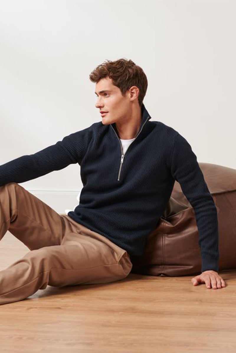 Tchibo Men High Neck Ribbed Half Zip Sweater, Navy - Image 1
