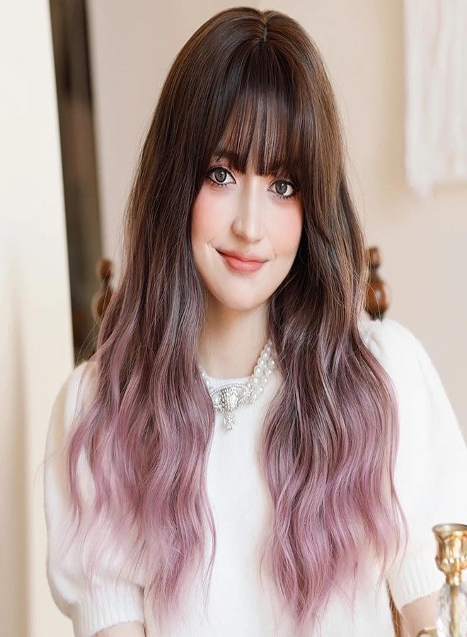 AIKO PRO Ombre Purple Wigs with Bangs, Purple Pink Long Wavy Wig for Women, Long Curly Synthetic Hair Wig for Party Daily Use 24 Inches - Image 4