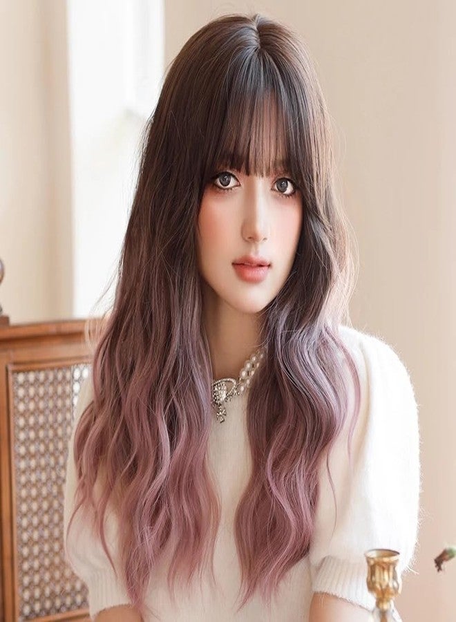 AIKO PRO Ombre Purple Wigs with Bangs, Purple Pink Long Wavy Wig for Women, Long Curly Synthetic Hair Wig for Party Daily Use 24 Inches - Image 3