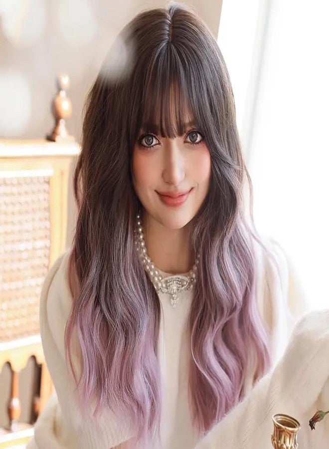AIKO PRO Ombre Purple Wigs with Bangs, Purple Pink Long Wavy Wig for Women, Long Curly Synthetic Hair Wig for Party Daily Use 24 Inches - Image 1