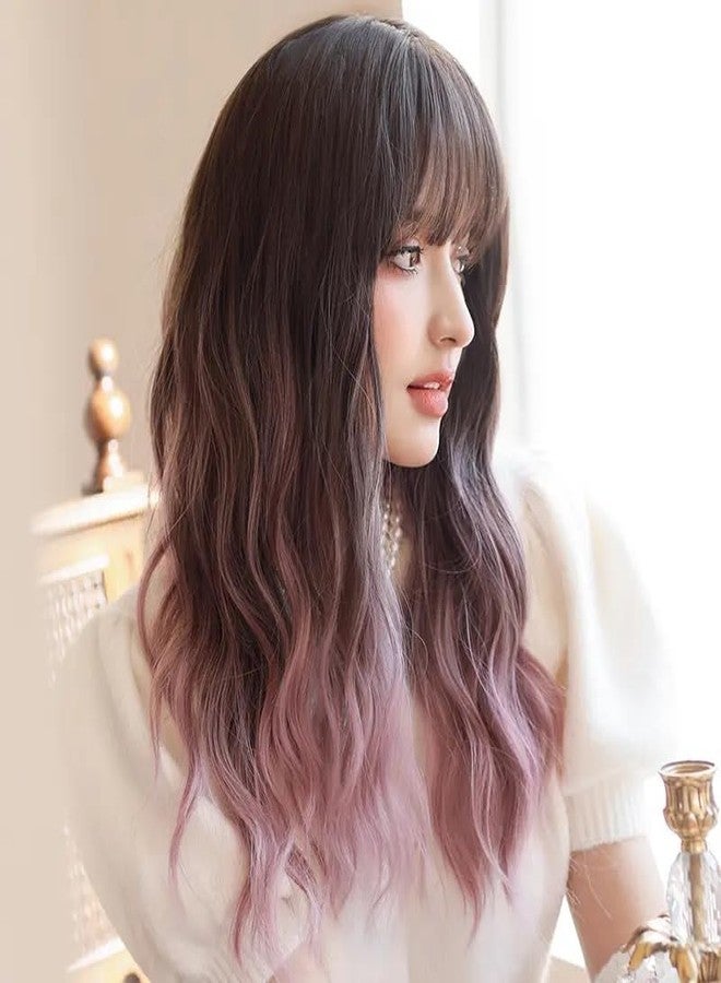 AIKO PRO Ombre Purple Wigs with Bangs, Purple Pink Long Wavy Wig for Women, Long Curly Synthetic Hair Wig for Party Daily Use 24 Inches - Image 2