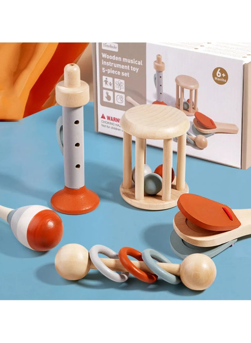 Montessori Wooden Toys for Baby, Wooden Baby Rattle Toys Set, 5pcs Wooden Music Alinstrument Toys with Trumpet, Maracas, Castanets, Three-Ring Rattle, Cage Rattles, Montessori Toys for Babies - Image 1