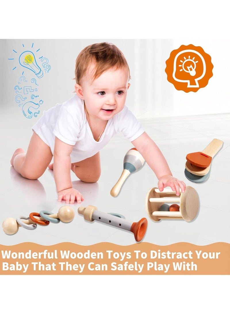 Montessori Wooden Toys for Baby, Wooden Baby Rattle Toys Set, 5pcs Wooden Music Alinstrument Toys with Trumpet, Maracas, Castanets, Three-Ring Rattle, Cage Rattles, Montessori Toys for Babies - Image 2