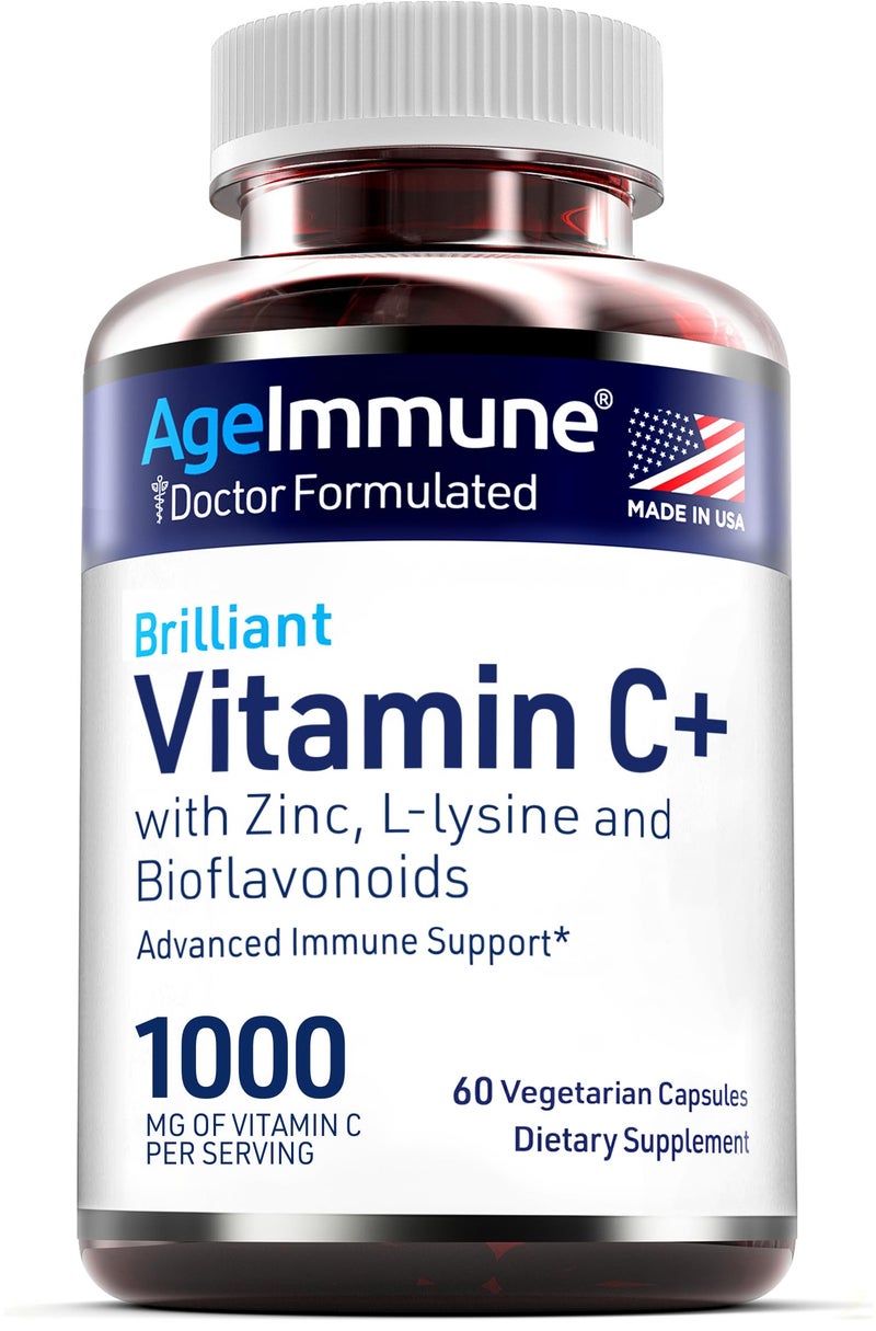 AgeImmune Vitamin C 1000mg Complex with LLysine 500mg Zinc 12mg Bioflavonoids 300mg Doctor Formulated Magnesium Stearate Free Supplements for Healthy Immune System Support1