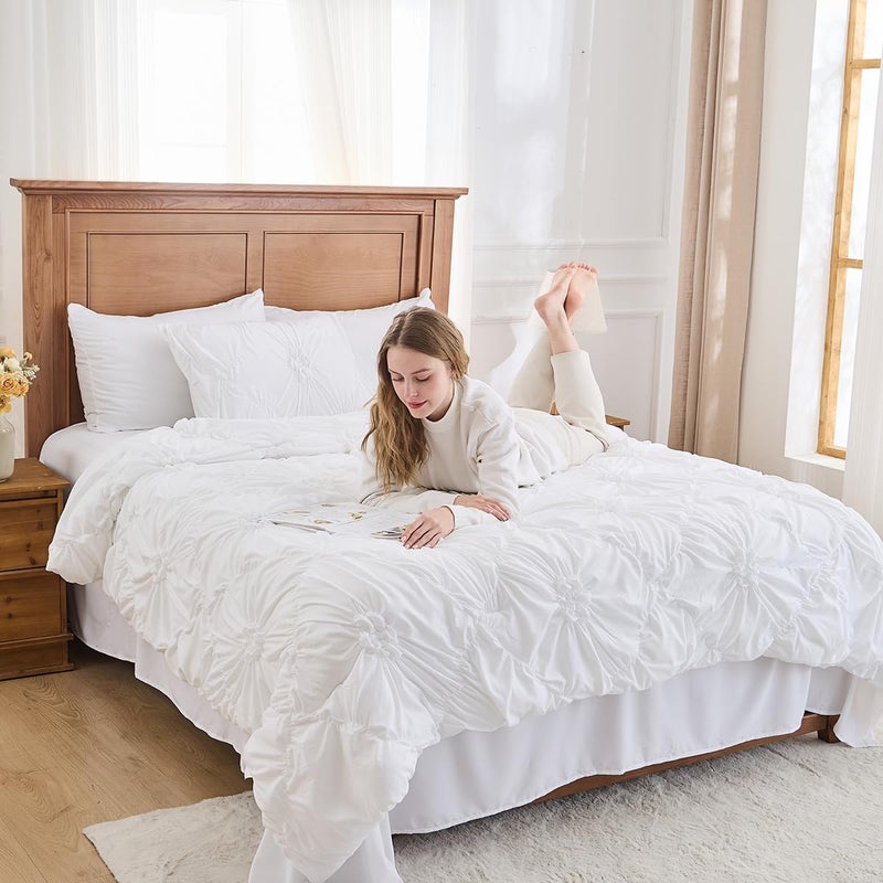 Jameswish White Comforter Set Queen Size Bed in A Bag 7 Piece Pinch Pleat Bedding Set,Pintuck Ruched Flowers Bed Set with Comforter, Sheets, Pillowcases & Shams - Image 4