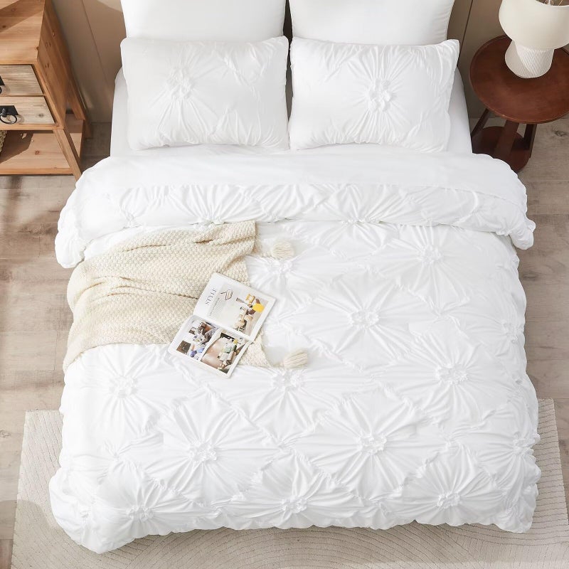 Jameswish White Comforter Set Queen Size Bed in A Bag 7 Piece Pinch Pleat Bedding Set,Pintuck Ruched Flowers Bed Set with Comforter, Sheets, Pillowcases & Shams - Image 3