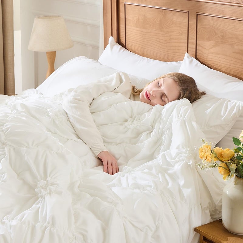 Jameswish White Comforter Set Queen Size Bed in A Bag 7 Piece Pinch Pleat Bedding Set,Pintuck Ruched Flowers Bed Set with Comforter, Sheets, Pillowcases & Shams - Image 5