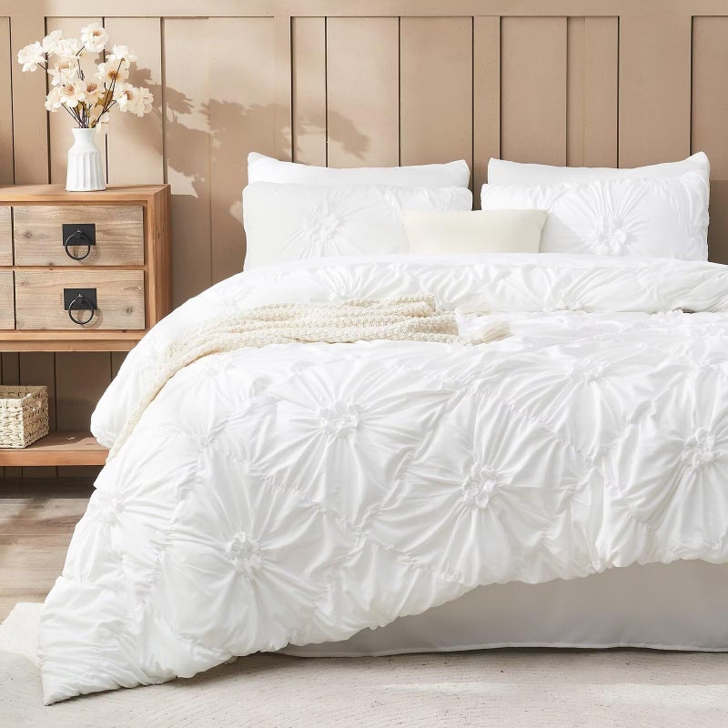 Jameswish White Comforter Set Queen Size Bed in A Bag 7 Piece Pinch Pleat Bedding Set,Pintuck Ruched Flowers Bed Set with Comforter, Sheets, Pillowcases & Shams - Image 1
