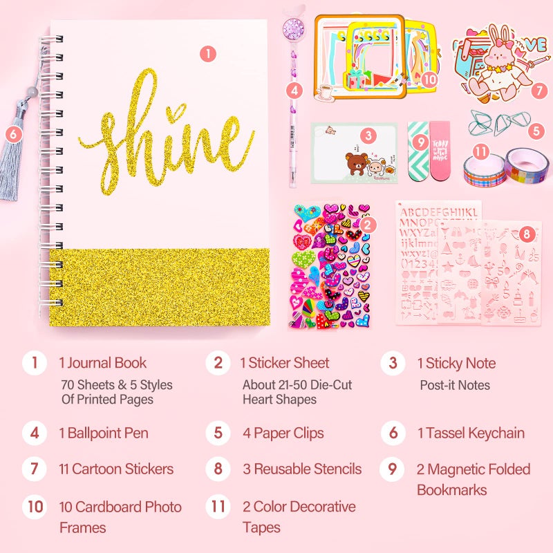 Arulis DIY Journal Kit, Gifts for Girls Age of 8 9 10 11 12 13 Years Old and Up, Girls Journal Set for Teen Decorate Her Planner/Organizer Birthday Gift Cute Art Crafts Scrapbook Stationary Kit - Image 2