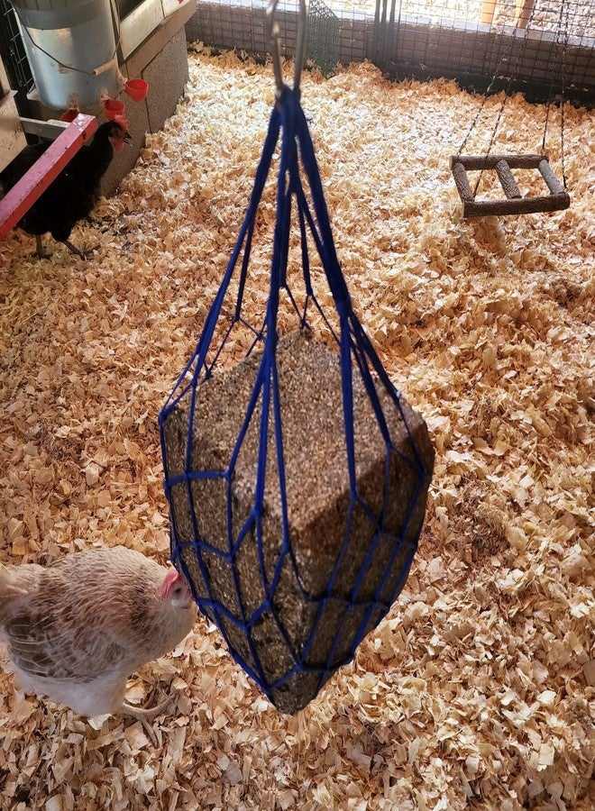 Muzzys Blue Chicken Coop Flock Block Bird Seed Hanging Bag Veggie Treat Holder - Poultry Feeder Toy Accessories Cabbage Bowl Sack - Image 5