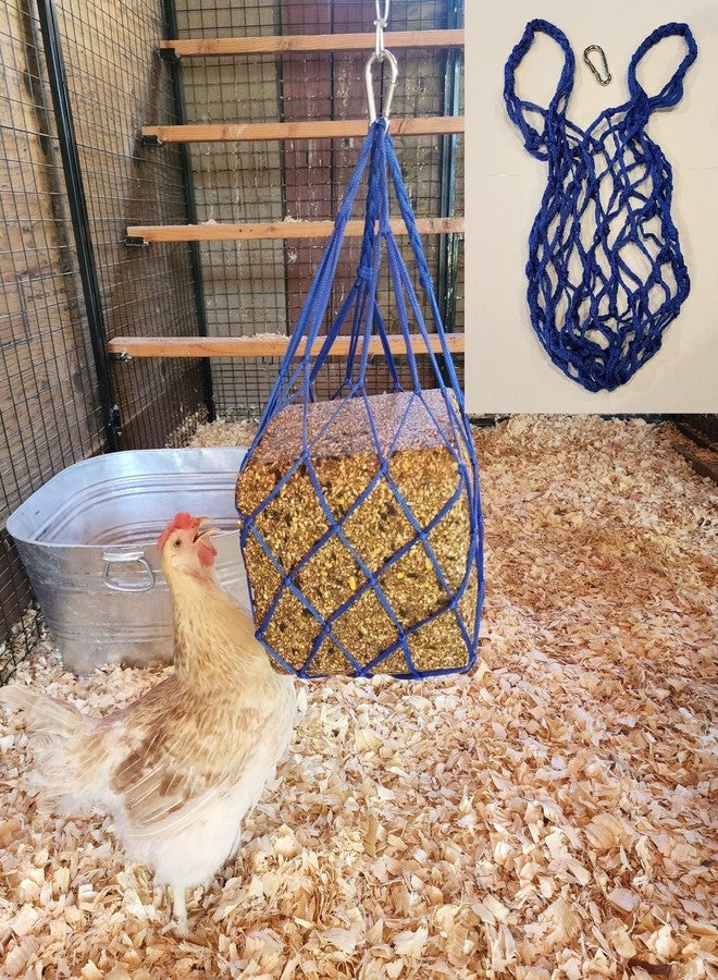 Muzzys Blue Chicken Coop Flock Block Bird Seed Hanging Bag Veggie Treat Holder - Poultry Feeder Toy Accessories Cabbage Bowl Sack - Image 1