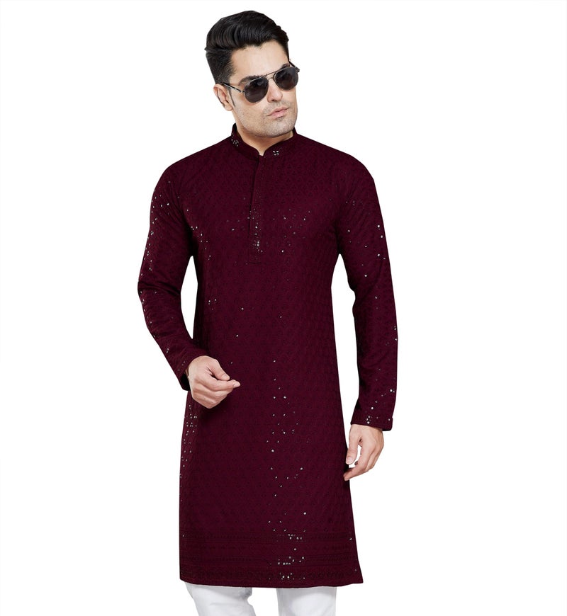 DIVISIVE Men's Sequince Embroidered Cotton Blend Only Kurta (DKRT4_XL_Burgundy) - Image 1