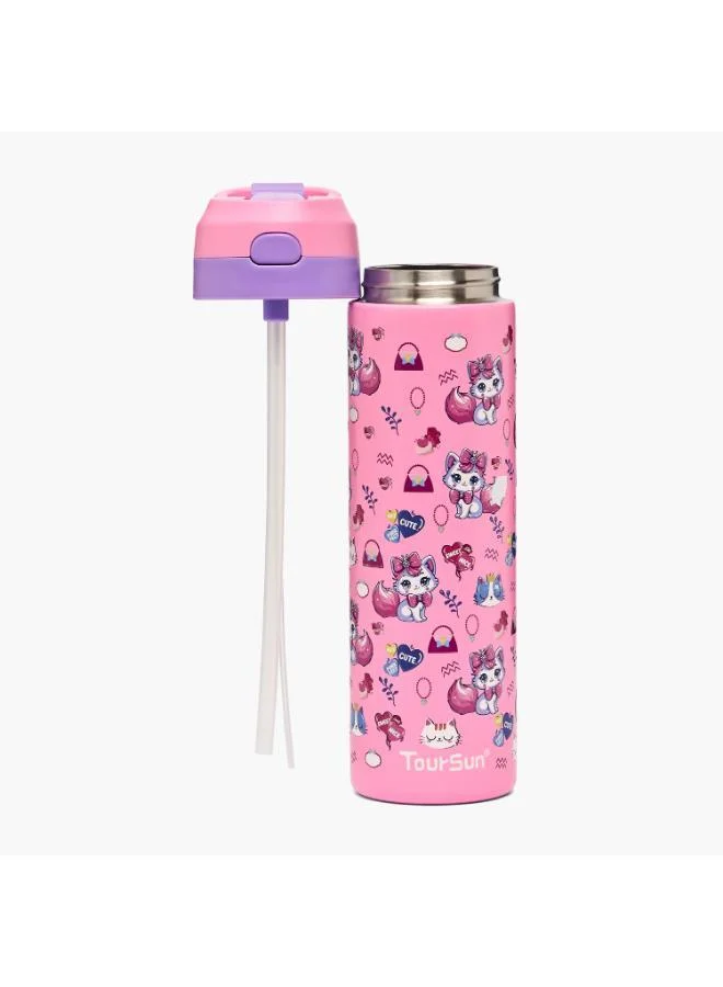 تورسون Toursun Cat Print Stainless Steel Water Bottle with Flip Spout and Handle - 540 ml