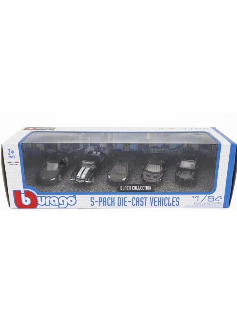 Bburago Black Collection Die-Cast Cars (1:64, Black, 5 Cars) - Image 1