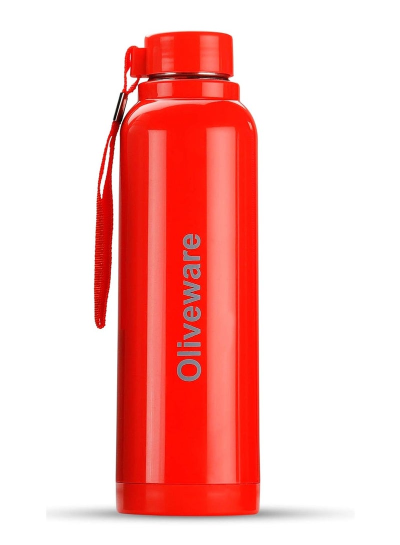 oliveware Aura Insulated Stainless Steel Bottle - Red | Keep Hot & Cold for Long Hours | Fits Bags & Fridge | Strap for Easy Carry - 690ml - Image 1