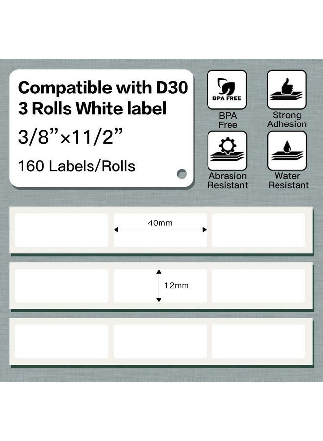 phomemo D30 Thermal Self-Adhesive Label, 3/8" X 1 1/2" (12Mm X 40Mm) 160 Labels/Roll, Phomemo D30 Label Tape Compatible With D30 Label Printer, Suitable For Home, School, Black On White, 3 Roll - Image 2