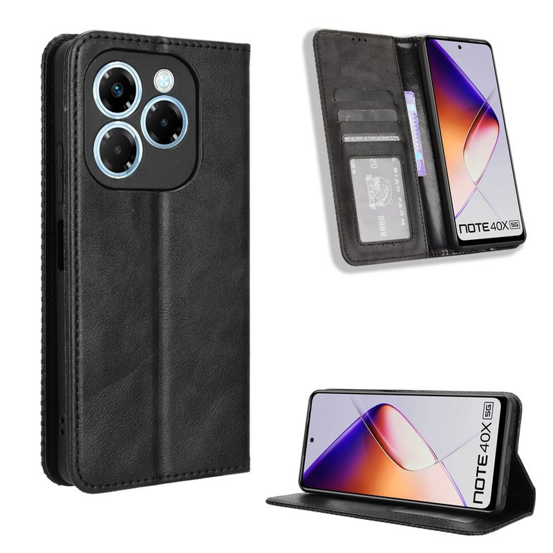 BURAQ Case Cover For Infinix Note 40X 5G X6838 Magnetic Buckle Retro Texture Leather Phone Case(Black) - Image 1
