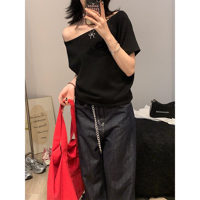 Hello Loose Casual Lightweight Comfortable Off-Shoulder Oblique Shoulder Stacked Two-Wear Short-Sleeved T-Shirt Zhang Jingyi Same Style - Image 1