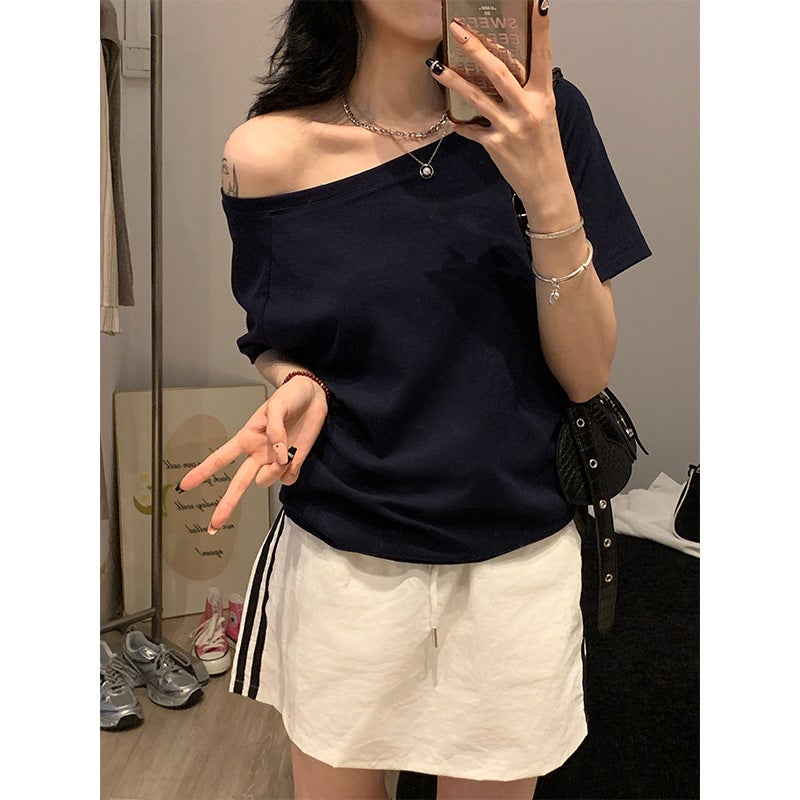 Hello Loose Casual Lightweight Comfortable Off-Shoulder Oblique Shoulder Stacked Two-Wear Short-Sleeved T-Shirt Zhang Jingyi Same Style - Image 3