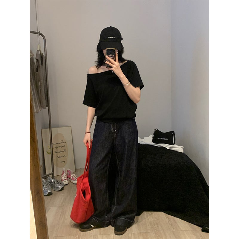 Hello Loose Casual Lightweight Comfortable Off-Shoulder Oblique Shoulder Stacked Two-Wear Short-Sleeved T-Shirt Zhang Jingyi Same Style - Image 5
