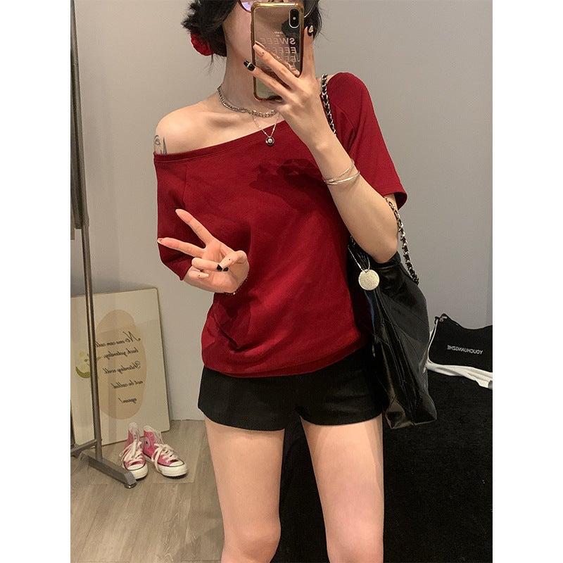 Hello Loose Casual Lightweight Comfortable Off-Shoulder Oblique Shoulder Stacked Two-Wear Short-Sleeved T-Shirt Zhang Jingyi Same Style - Image 2