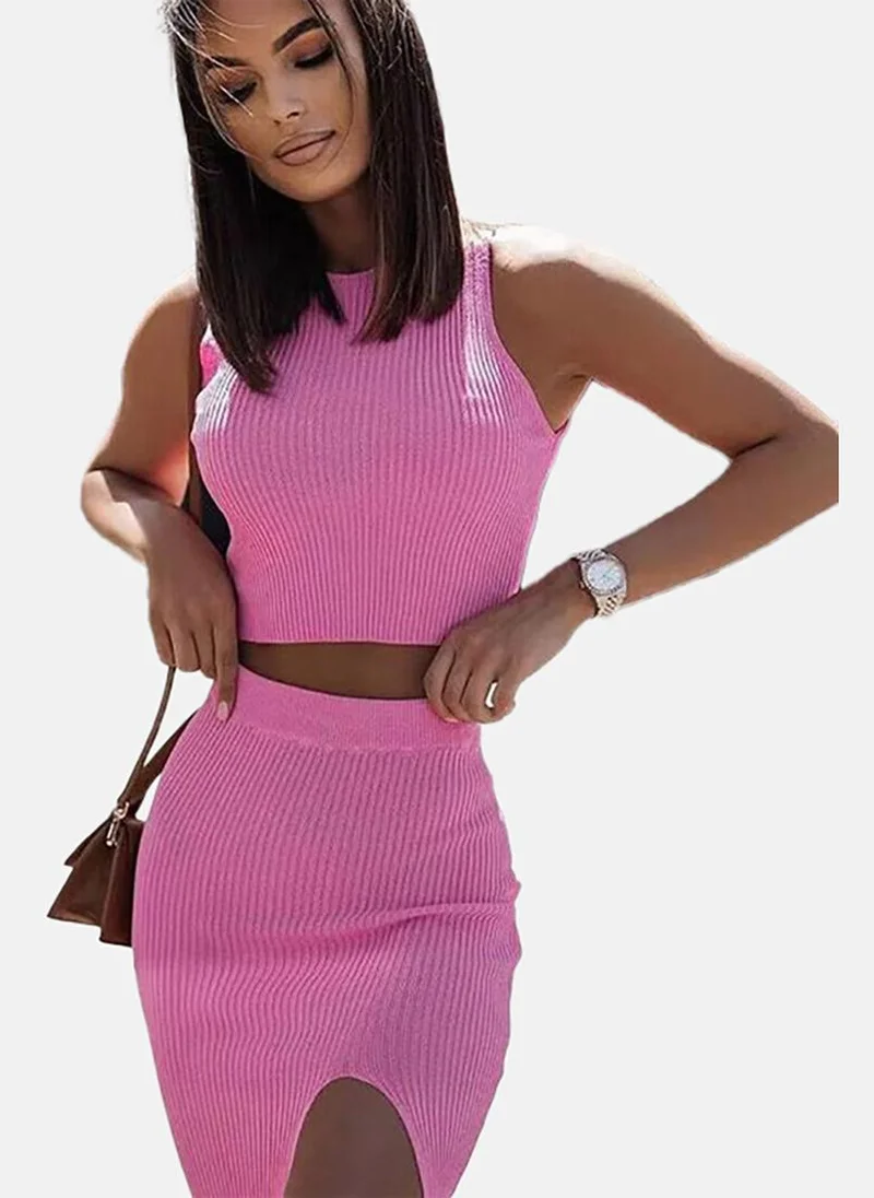 يونيكي Pink Striped Sleeveless Top & Skirt