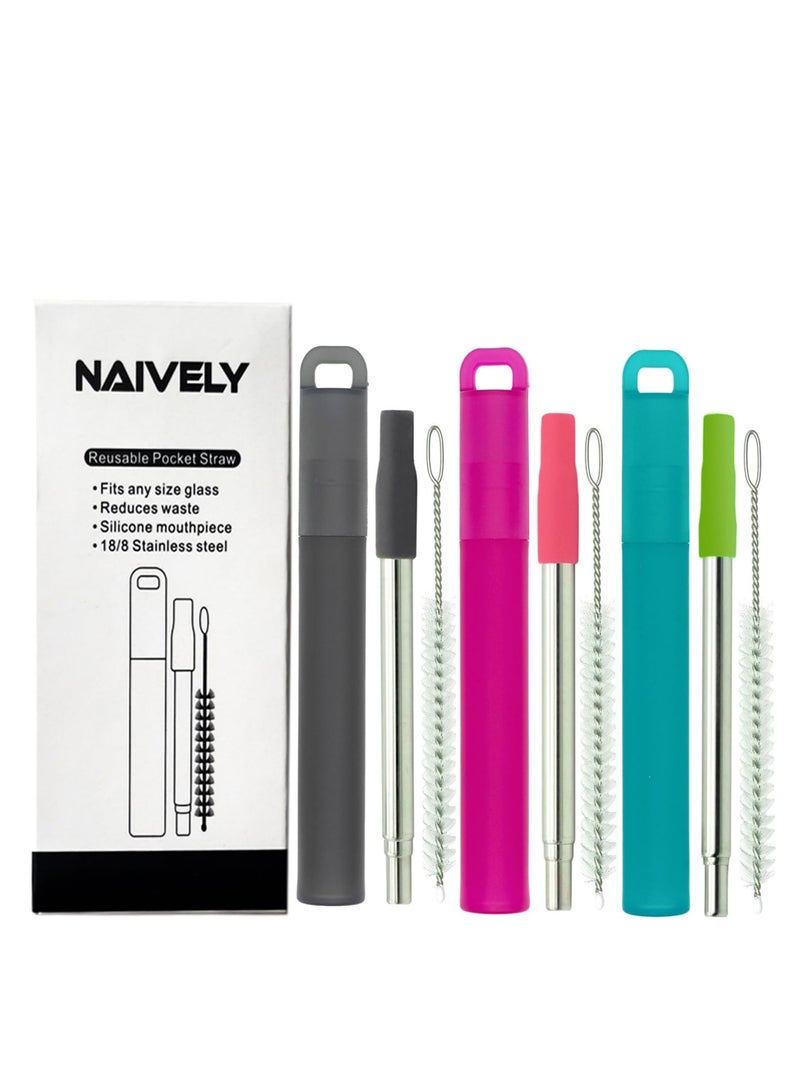 SYOSI Metal Reusable Straws, 3 Pack Collapsible Portable Stainless Steel Straws, with Plastic Housing Silicone Tips and Cleaning Brush, Eco-Friendly Material, Retractable Portable Pocket Drinking Straws - Image 1