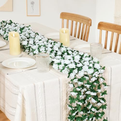 KHOYIME 9 Pack 72 FT Artificial Flower Garland Fake White Roses Vines Silk Flowers Faux Plastic Outdoor Hanging Floral Ivy Garland Decoration for Wedding Arch Bedroom Home Wall Backdrop Room Decor - Image 3
