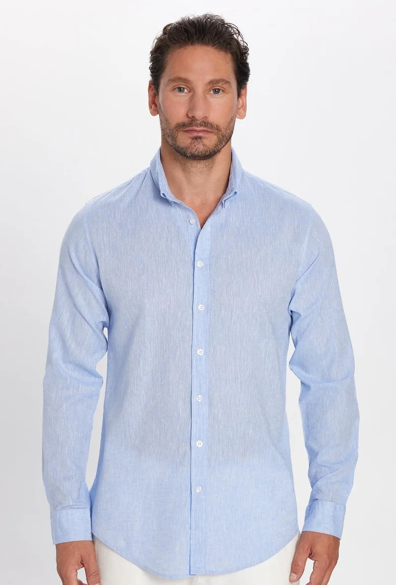 تودورس Men's Slim Fit Slim Cut Long Sleeve Linen Premium Series Button-down Collar Sports Blue Shirt