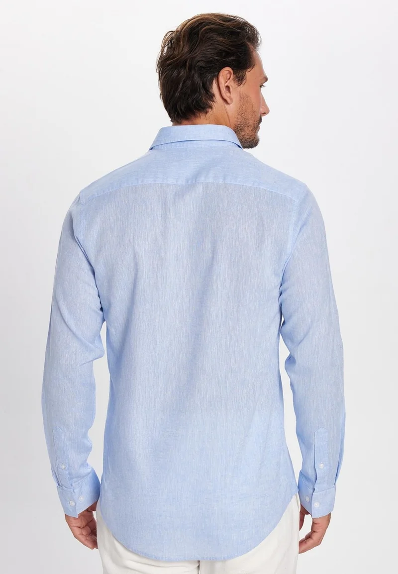 تودورس Men's Slim Fit Slim Cut Long Sleeve Linen Premium Series Button-down Collar Sports Blue Shirt