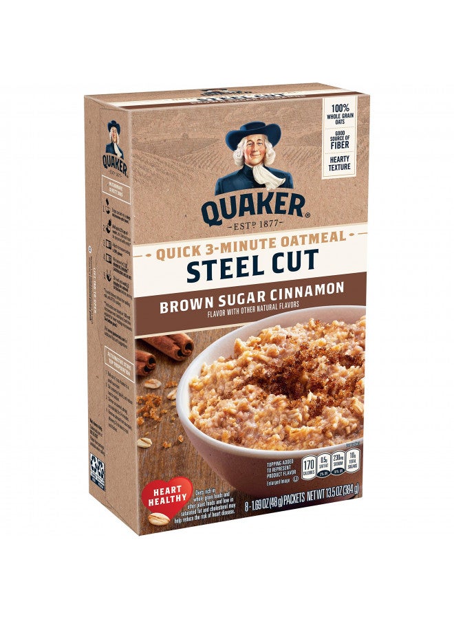 Quaker Quaker Steel Cut Quick 3-minute Oatmeal, Quick Steel Cut, Brown Sugar and Cinnamon, 13.5 oz, - 8 Count (Pack of 6) total- 48 count  - Image 1