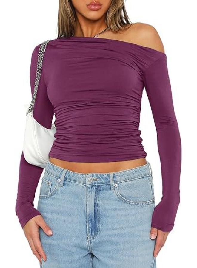 European And American Women's Shoulder Asymmetric Solid Color Navel Top Long Sleeve Sexy Slim Temperament T-shirt