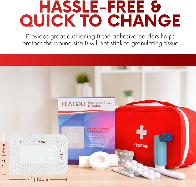 HEALQU ضمادات جزيرة شاش HEALQU المحاطة 50 عدداً 24x4 معقمة مغلفة بشكل فردي مع خلفية غير منسوجة مقاومة للماء ضمادات جروح ناعمة وقابلة للتنفس للإسعافات الأولية الطبية - Image 2