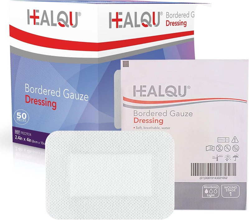 HEALQU ضمادات جزيرة شاش HEALQU المحاطة 50 عدداً 24x4 معقمة مغلفة بشكل فردي مع خلفية غير منسوجة مقاومة للماء ضمادات جروح ناعمة وقابلة للتنفس للإسعافات الأولية الطبية - Image 1