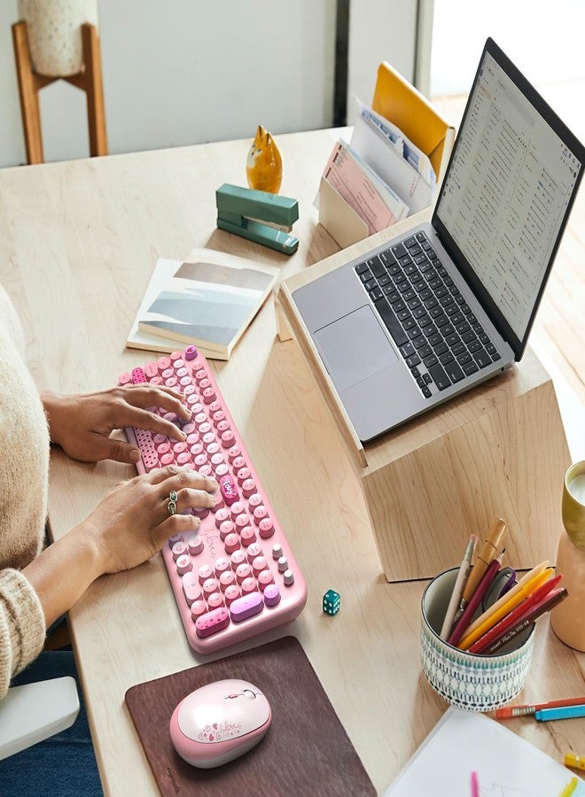 Atelus Wireless Keyboard and Mouse, Typewriter Full Size Keyboard with Number Pad and 2 in 1 USB Connected Mouse for Windows 7/8/10, Laptop, Desktop, PC, Computer (Pink Colorful) - Image 3