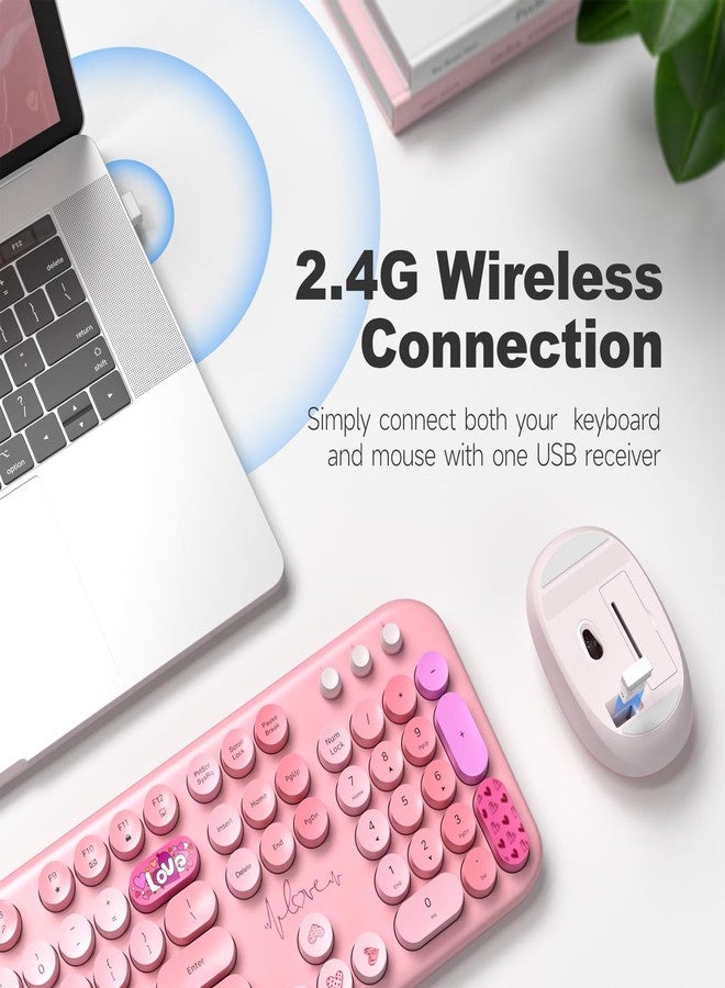 Atelus Wireless Keyboard and Mouse, Typewriter Full Size Keyboard with Number Pad and 2 in 1 USB Connected Mouse for Windows 7/8/10, Laptop, Desktop, PC, Computer (Pink Colorful) - Image 2