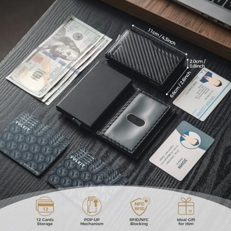VULKIT Credit Card Holder with Double ID Window Leather Passcase Wallet RFID Blocking Automatic Pop Up Card Wallet for Cards Notes - Image 5