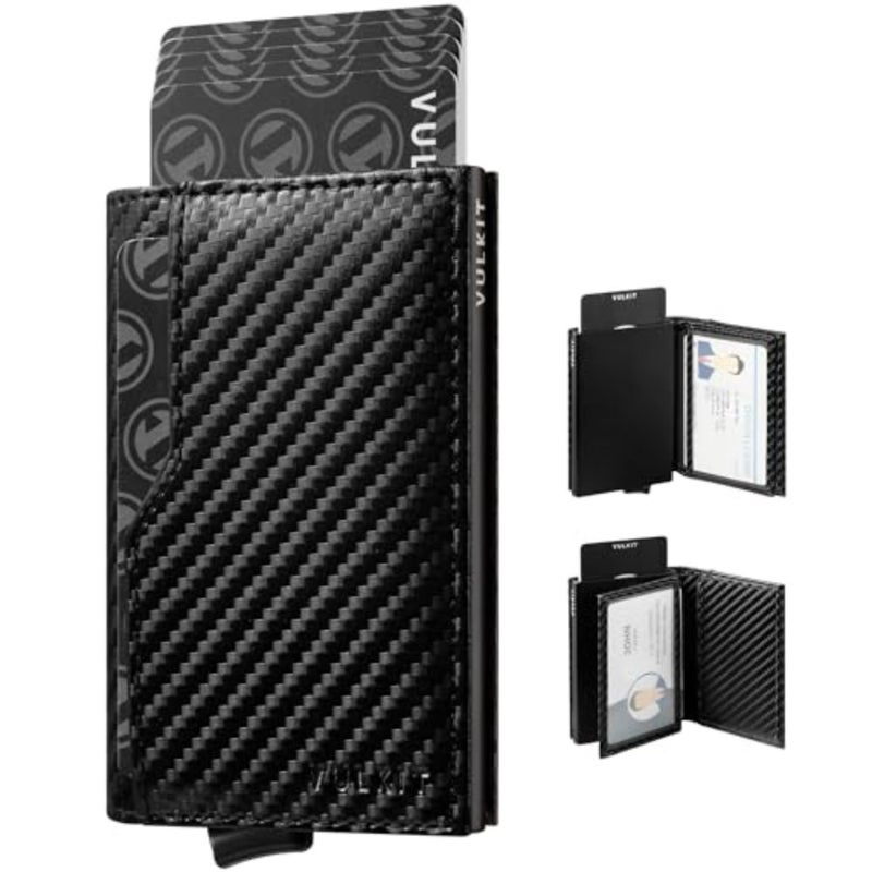 VULKIT Credit Card Holder with Double ID Window Leather Passcase Wallet RFID Blocking Automatic Pop Up Card Wallet for Cards Notes - Image 1