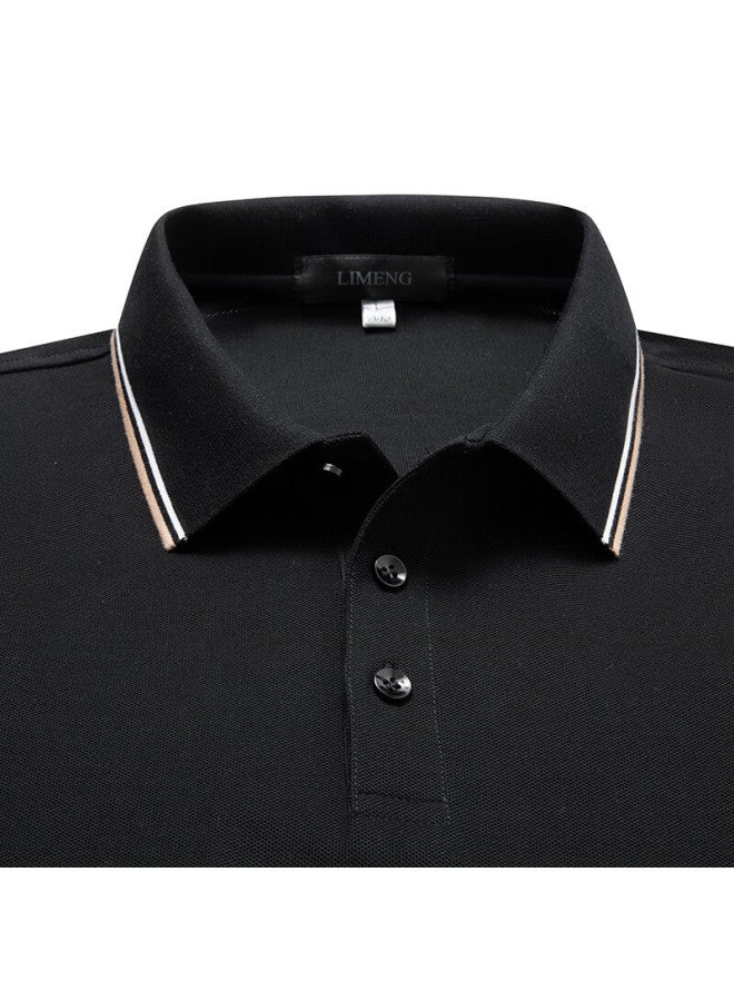 Limeng Pure Cotton Long-sleeve T-shirt, Men's Polo Shirt, Spring And Autumn Solid Color, Turn-down Collar, Top, Black, M - Image 2